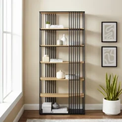 79" Modern 6 Shelf With Metal Bar Bookcase Coastal Oak/Black - Saracina Home 11 79" Modern 6 Shelf With Metal Bar Bookcase Coastal Oak/Black - Saracina Home -Saracina Home Sales Store GUEST 03b6b14d 2b21 499f 860f 2782f5320208