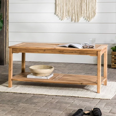 Ravenscroft Modern Boho Acacia Wood Slatted Outdoor Coffee Table With Lower Shelf - Saracina Home 1 Ravenscroft Modern Boho Acacia Wood Slatted Outdoor Coffee Table With Lower Shelf - Saracina Home