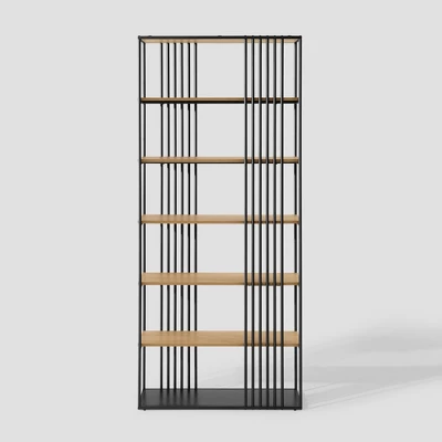 79" Modern 6 Shelf With Metal Bar Bookcase Coastal Oak/Black - Saracina Home 5 79" Modern 6 Shelf With Metal Bar Bookcase Coastal Oak/Black - Saracina Home - Image 5