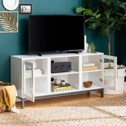 Pierceton Modern Double Glass Door With Metal Legs TV Stand For TVs Up To 58" White - Saracina Home -Saracina Home Sales Store GUEST 2c1fd597 52e5 48a8 9e83 a72aa568db78