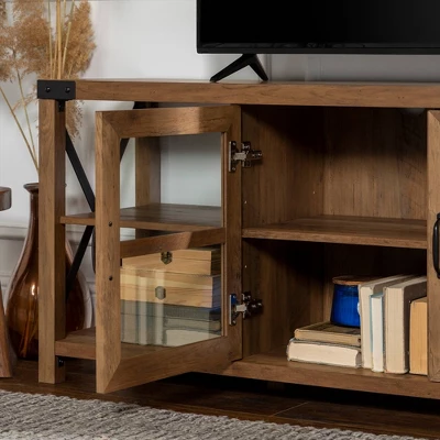 Sophie Rustic Farmhouse X Frame Glass Doors TV Stand For TVs Up To 80" Rustic Oak - Saracina Home 10 Sophie Rustic Farmhouse X Frame Glass Doors TV Stand For TVs Up To 80" Rustic Oak - Saracina Home - Image 10