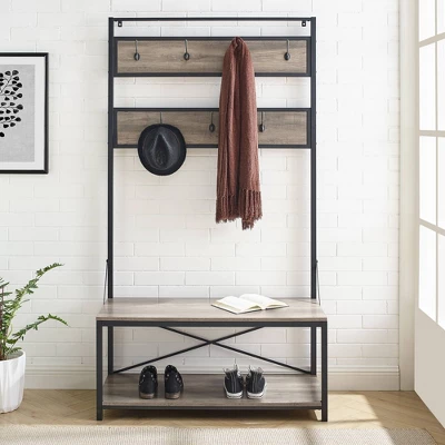 72" Industrial Farmhouse Metal And Wood Hall Tree Gray Wash - Saracina Home 3 72" Industrial Farmhouse Metal And Wood Hall Tree Gray Wash - Saracina Home - Image 3
