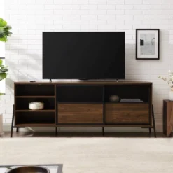 Modern Industrial Metal Mesh Sliding Door TV Stand For TVs Up To 80" Dark Walnut - Saracina Home