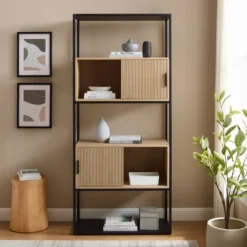 75" Modern Reeded Door Storage Bookshelf Coastal Oak/Black - Saracina Home -Saracina Home Sales Store GUEST 5ca6ae9b f1ce 40c2 b0c7 96e39e5250ee