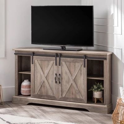 Robinson Rustic Transitional Sliding Barn Door Corner TV Stand For TVs Up To 58" - Saracina Home 1 Robinson Rustic Transitional Sliding Barn Door Corner TV Stand For TVs Up To 58" - Saracina Home