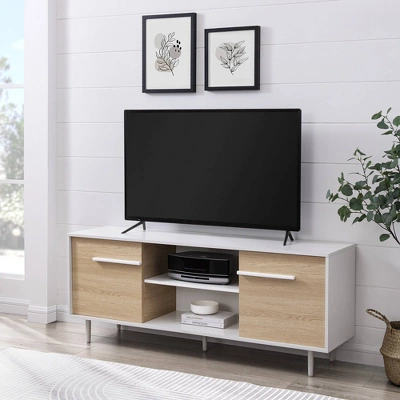 Modern 2 Door TV Stand For TVs Up To 65" Solid White/Coastal Oak/White - Saracina Home 1 Modern 2 Door TV Stand For TVs Up To 65" Solid White/Coastal Oak/White - Saracina Home