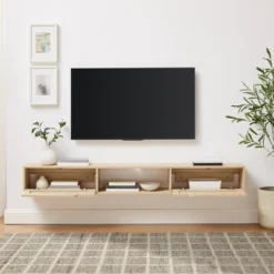 Modern Boho Floating TV Stand For TVs Up To 80" With Rattan Doors Coastal Oak - Saracina Home -Saracina Home Sales Store GUEST bdcb8965 2ebd 49d4 815a d3cfdbcfb1e9