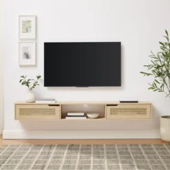 Modern Boho Floating TV Stand For TVs Up To 80" With Rattan Doors Coastal Oak - Saracina Home -Saracina Home Sales Store GUEST cdeb4d3e c8db 482f bceb 3f6259779594