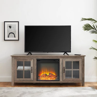 Transitional Farmhouse Window Pane Fireplace TV Stand For TV's Up To 65" Gray Wash - Saracina Home 3 Transitional Farmhouse Window Pane Fireplace TV Stand For TV's Up To 65" Gray Wash - Saracina Home - Image 3