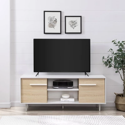Modern 2 Door TV Stand For TVs Up To 65" Solid White/Coastal Oak/White - Saracina Home 3 Modern 2 Door TV Stand For TVs Up To 65" Solid White/Coastal Oak/White - Saracina Home - Image 3
