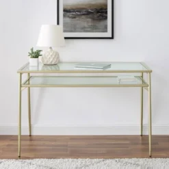 Modern 2 Tier Glass Top Writing Desk With Metal Legs Gold - Saracina Home -Saracina Home Sales Store GUEST f29dbca3 f72a 47f1 b485 067966ea3eef
