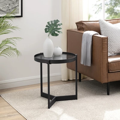 Modern Minimalist Tray Top Round Glass Side Table Black - Saracina Home 1 Modern Minimalist Tray Top Round Glass Side Table Black - Saracina Home