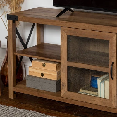 Sophie Rustic Farmhouse X Frame Glass Doors TV Stand For TVs Up To 80" Rustic Oak - Saracina Home 11 Sophie Rustic Farmhouse X Frame Glass Doors TV Stand For TVs Up To 80" Rustic Oak - Saracina Home - Image 11